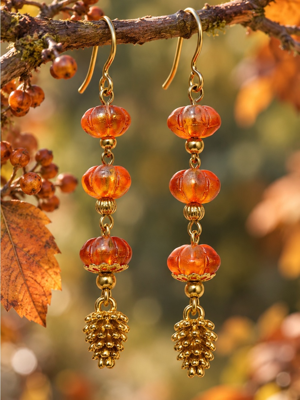 Orange Pumpkin Melon Glass Earrings, Gold Pinecone Dangles, Fall Jewelry